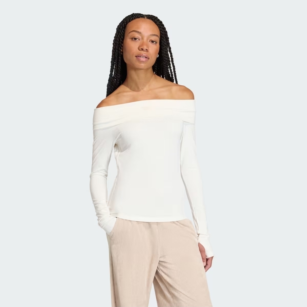Adidas Off-Shoulder Long Sleeve Top in Ivory